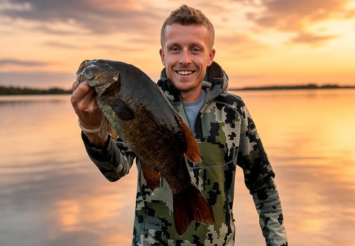 image of young man holding large smallmouth bass