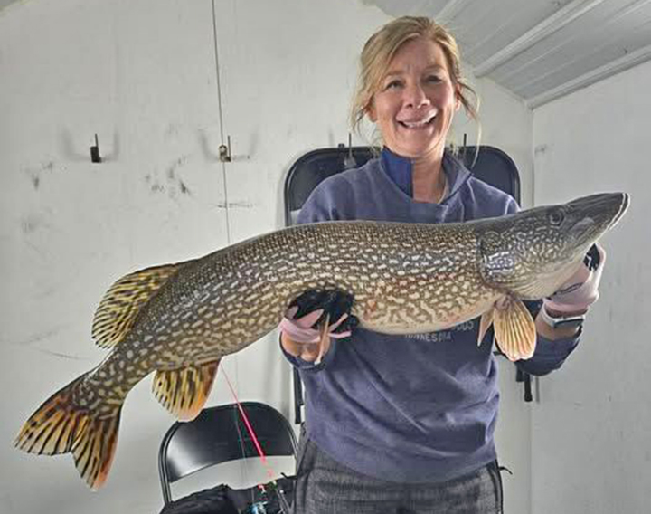 image of woman holding a huge northern pike caught at Lake of the Woods